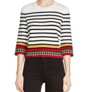 Maje White Multicolor Montani Crewneck Crochet Trim Cropped Sweater Size 2